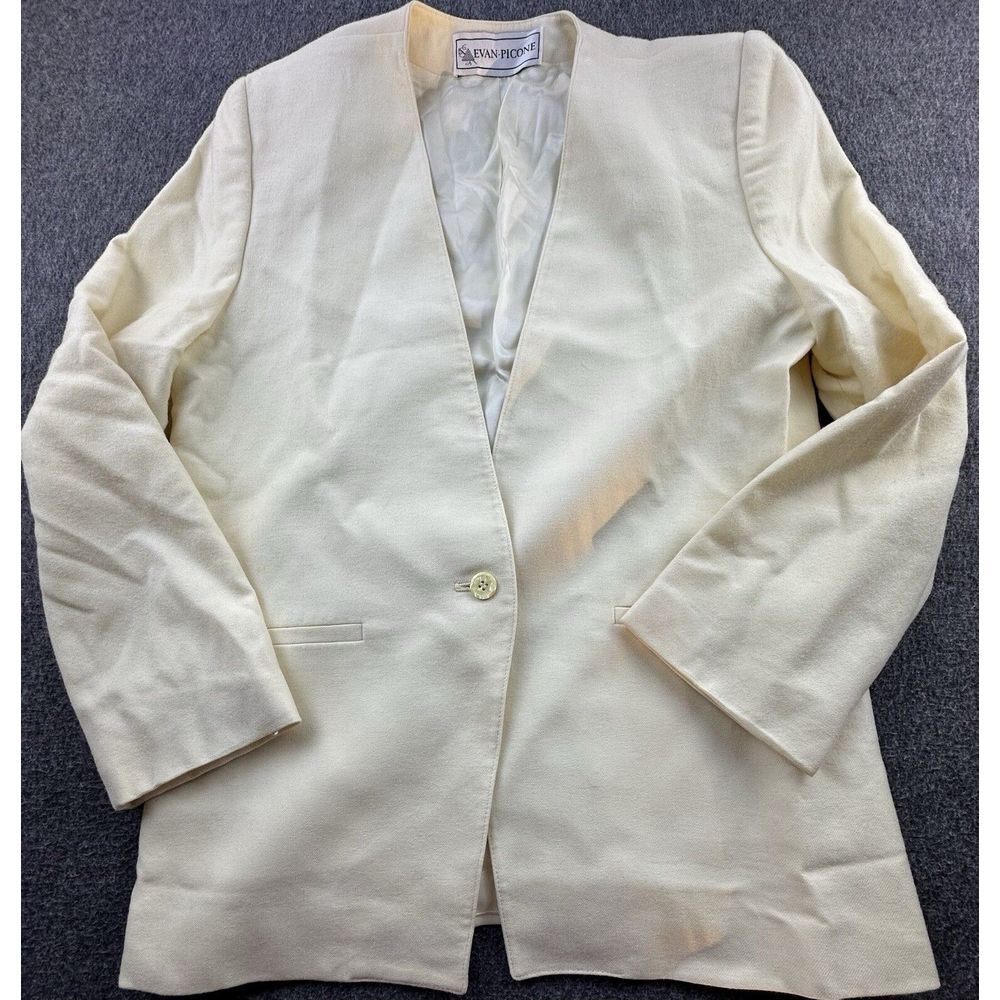 Vintage Evan Picone Blazer Womens 10 Ivory Worsted Wool Suit Jacket